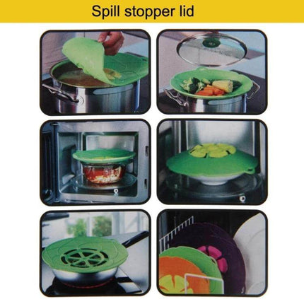 Spill Proof Silicone Pot Cover Prevents Boil Overs Fits 6 to 9.5 in - green flexible lid shown on pots and in microwave, steam vent open