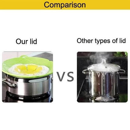 Spill Proof Silicone Pot Cover Prevents Boil Overs Fits 6 to 9.5 in shown on pot vs regular lid preventing boil-over and splatter