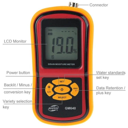 BENETECH Digital Grain Moisture Meter for Storage and Purchase - handheld GM640 showing 19.0% LCD reading and control buttons