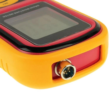 BENETECH Digital Grain Moisture Meter for Storage and Purchase handheld close-up showing LED screen and probe connector for grain moisture and temperature checks