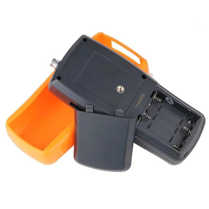 Benetech Digital Anemometer for Measuring Wind and Temperature handheld device with open battery compartment and orange protective case