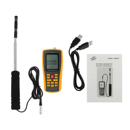 Benetech Digital Anemometer for Measuring Wind and Temperature handheld unit with telescopic probe, USB cable and instruction manual