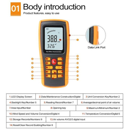 Benetech Digital Anemometer for Measuring Wind and Temperature handheld device showing LCD, buttons, and data link port for HVAC and outdoor monitoring