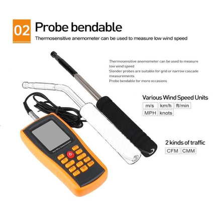 Benetech Digital Anemometer for Measuring Wind and Temperature handheld probe with foldable bendable probe for HVAC and outdoor wind measurement