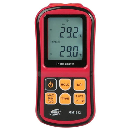 Benetech Thermocouple Thermometer for Versatile Temperature Checks - red handheld dual-display thermocouple meter showing 29.2°C and 29.0°C