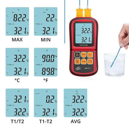 Benetech Thermocouple Thermometer for Versatile Temperature Checks handheld thermocouple meter showing T1/T2, MAX/MIN, °C/°F readings and probes