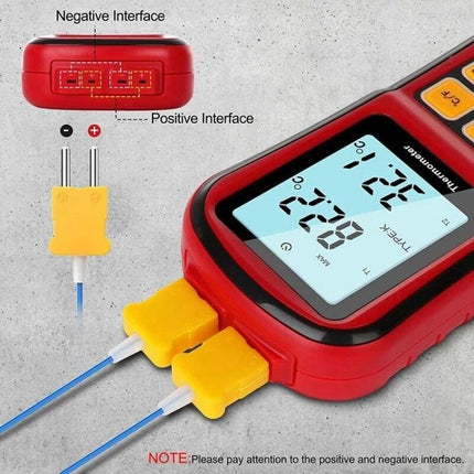 Benetech Thermocouple Thermometer for Versatile Temperature Checks - red handheld thermocouple meter with dual K-type probes and backlit display