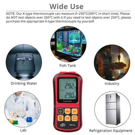 Benetech Thermocouple Thermometer for Versatile Temperature Checks - handheld thermocouple meter showing 29.2°C with application icons for fish tank, drinking water, industry, lab, refrigeration
