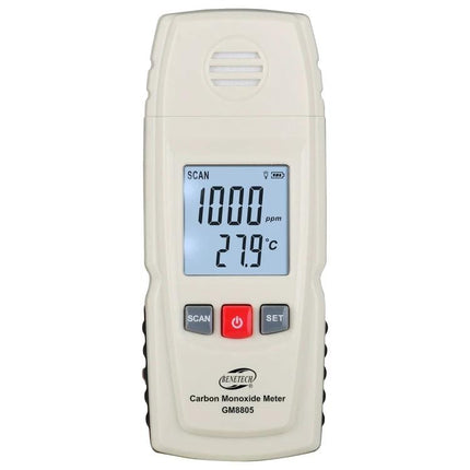 BENETECH Handheld Carbon Monoxide Detector for Indoor Safety showing digital LCD reading 1000 ppm and 27.9°C, handheld scan buttons visible
