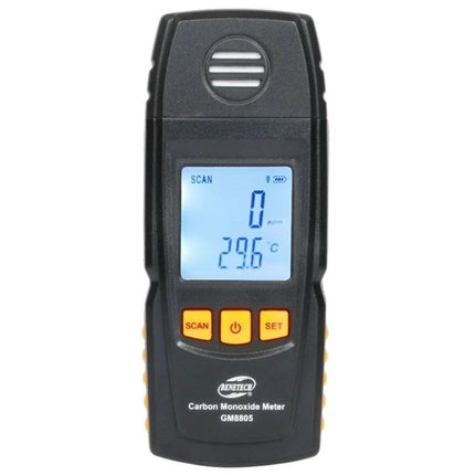 BENETECH Handheld Carbon Monoxide Detector for Indoor Safety - handheld CO meter displaying 0 ppm and 29.6°C with scan, power, set buttons
