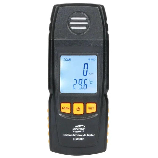 BENETECH Handheld Carbon Monoxide Detector for Indoor Safety - handheld CO meter displaying 0 ppm and 29.6°C with scan, power, set buttons