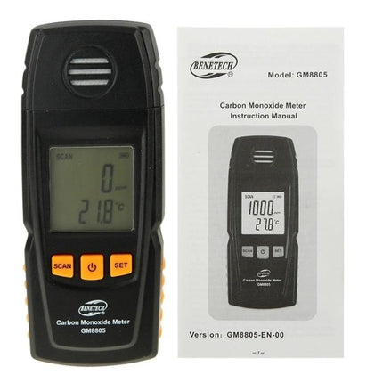 BENETECH Handheld Carbon Monoxide Detector for Indoor Safety - handheld GM8805 CO meter with display and instruction manual