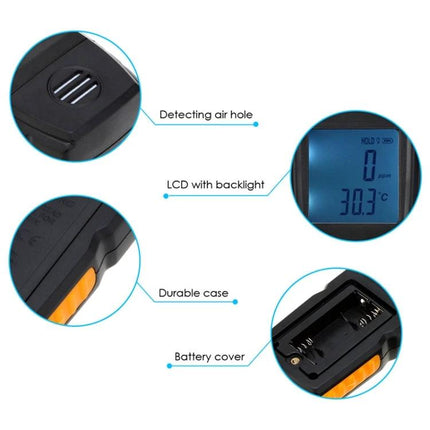BENETECH Handheld Carbon Monoxide Detector for Indoor Safety showing LCD backlight, detecting air hole, durable case and battery cover