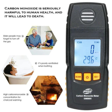 BENETECH Handheld Carbon Monoxide Detector for Indoor Safety digital CO meter showing LCD reading and scan buttons for home use