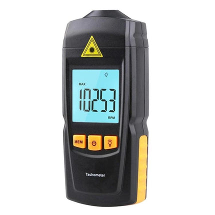 Benetech Handheld Laser Tachometer for RPM Measurement showing 5-digit LCD reading 10253 RPM, non-contact handheld RPM meter