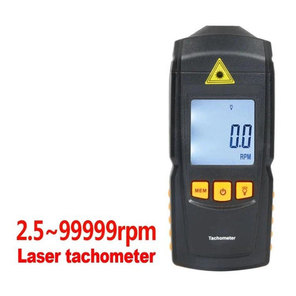 Benetech Handheld Laser Tachometer for RPM Measurement showing 5-digit LCD, buttons and non-contact laser tachometer reading 0.0 RPM
