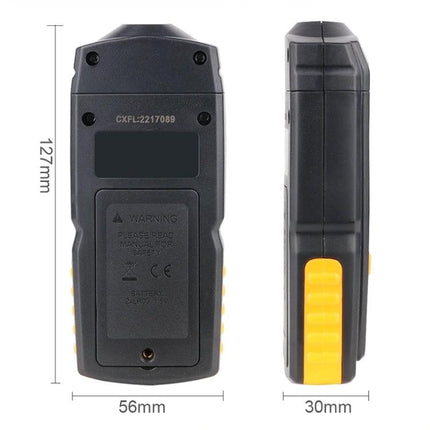 Benetech Handheld Laser Tachometer for RPM Measurement showing back and side views with dimensions 127mm x 56mm x 30mm and yellow grip