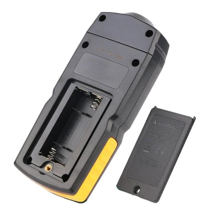 Benetech Handheld Laser Tachometer for RPM Measurement - back view with battery compartment open and cover removed, showing battery contacts and casing