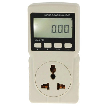 BENETECH EU Plug Energy Meter for Monitoring Home Electricity - white EU plug digital power monitor with LCD display showing 0.00 and socket