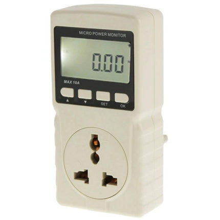 Alt Tag: BENETECH EU Plug Energy Meter for Monitoring Home Electricity white EU plug power monitor with LCD showing 0.00 and multifunction socket