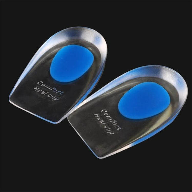 Women Silicone Gel Heel Cups Size S For Everyday Comfort - clear silicone heel cups with blue gel pad, adjustable layers for shock absorption and daily support