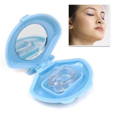 Nose Clip Snoring Reducer With Soft Silicone For Night Use in blue travel case showing soft medical-grade silicone clip