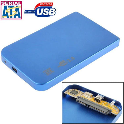 Black External Enclosure for 2.5 Inch SATA Hard Drives - blue metal USB 2.0 portable case showing SATA connector and PCB