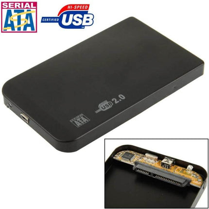 Black External Enclosure for 2.5 Inch SATA Hard Drives - slim black USB 2.0 portable case for laptop HDDs, shows SATA connector and PCB