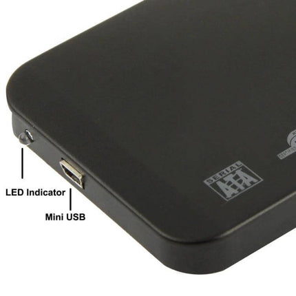 Black External Enclosure for 2.5 Inch SATA Hard Drives showing black case corner, mini USB port and LED indicator for portable 2.5" SATA drive
