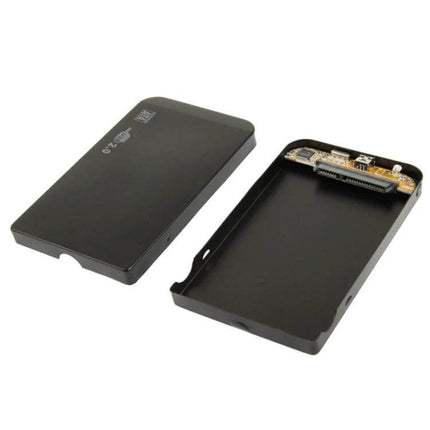 Black External Enclosure for 2.5 Inch SATA Hard Drives showing open black USB 2.0 case with SATA connector for 2.5-inch laptop drive