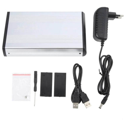External Enclosure for 3.5 Inch IDE Hard Drives with EU Plug — silver aluminum case with EU power adapter, USB cable and mounting accessories