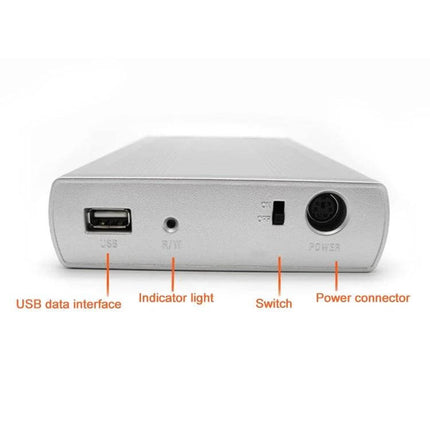 Portable USB Enclosure for 3.5 Inch Hard Drives showing USB port, indicator light, power connector and switch for external SATA drive setup