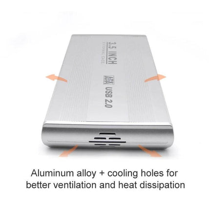 Portable USB Enclosure for 3.5 Inch Hard Drives - silver aluminum alloy case with cooling holes for ventilation and USB 2.0 connectivity
