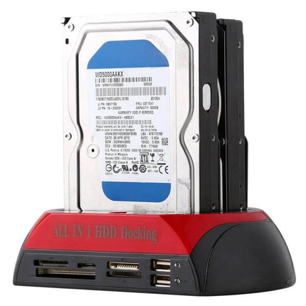 Hard Drive Docking Station for 2.5 and 3.5 Inch Drives with Card Reader showing dual HDDs inserted, front card reader and USB ports