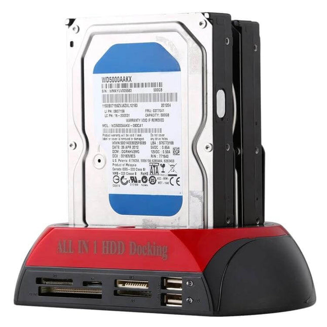 Hard Drive Docking Station for 2.5 and 3.5 Inch Drives with Card Reader showing dual HDDs inserted, front card reader and USB ports