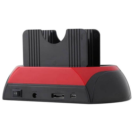 Hard Drive Docking Station for 2.5 and 3.5 Inch Drives with Card Reader - red/black dock showing SATA/IDE slots, USB and power ports