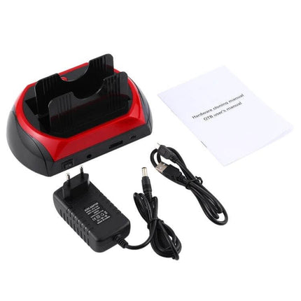 Hard Drive Docking Station for 2.5 and 3.5 Inch Drives with Card Reader showing dual-slot dock, power adapter and USB cable for cloning and backups