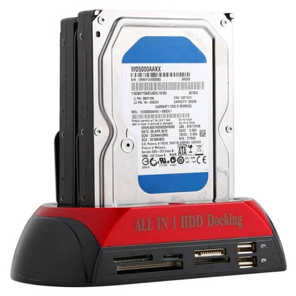 Hard Drive Docking Station for 2.5 and 3.5 Inch Drives with Card Reader showing dual HDDs docked, card reader and USB ports for backups and cloning