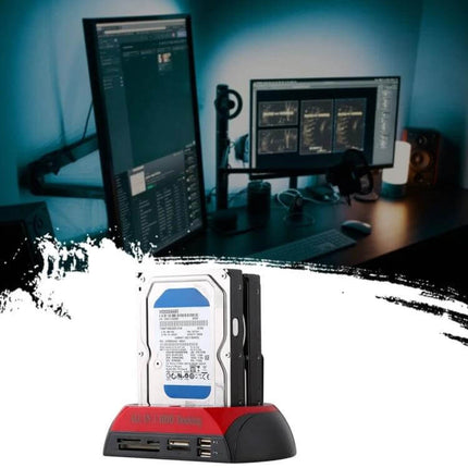 Hard Drive Docking Station for 2.5 and 3.5 Inch Drives with Card Reader shown docking two HDDs with USB and card reader ports for backups and cloning