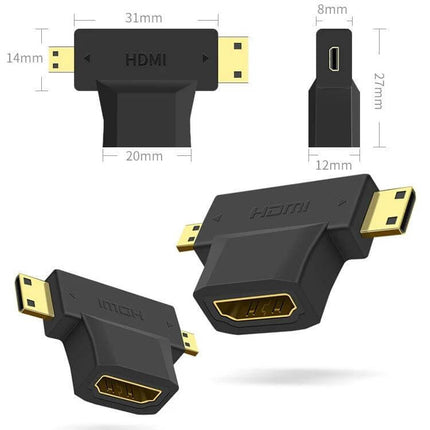 HDMI Adapter for Mini and Micro Connections with Female Port - black micro/mini HDMI male to HDMI female adapter shown with dimensions