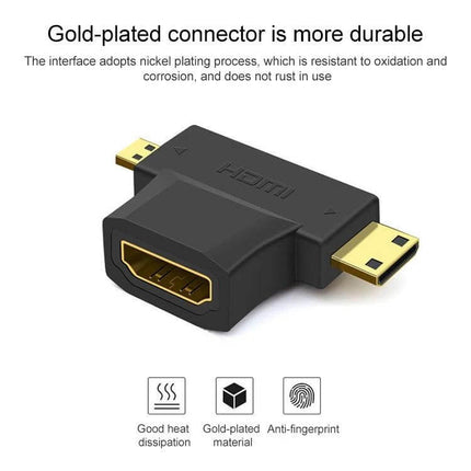 HDMI Adapter for Mini and Micro Connections with Female Port - black gold‑plated micro and mini HDMI male to female adapter for TVs and cameras