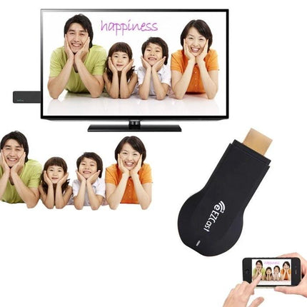 M2 Plus WiFi HDMI Dongle for Wireless Screen Mirroring to TVs showing family photo mirrored from smartphone to TV