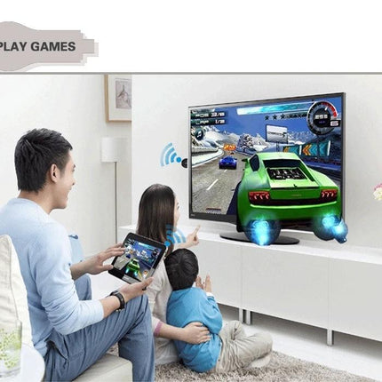 M2 Plus WiFi HDMI Dongle for Wireless Screen Mirroring to TVs showing family streaming tablet racing game to large TV