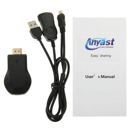 M2 Plus WiFi HDMI Dongle for Wireless Screen Mirroring to TVs showing dongle, USB power cable and user manual