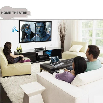 M2 Plus WiFi HDMI Dongle for Wireless Screen Mirroring to TVs showing family mirroring laptop to TV for home theatre and streaming