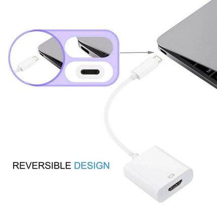 HDMI Adapter for Connecting Devices to MacBook 12 Inch showing white reversible USB-C to HDMI cable adapter connected to laptop for presentations