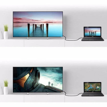 1.8 Meter HDMI to DVI Adapter Cable for Connecting TVs and Projectors shown linking a laptop to a large TV for presentations and gaming