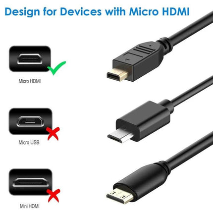 Compact 30cm Mini HDMI to Micro HDMI Adapter Cable for Devices showing micro HDMI connector vs micro USB and mini HDMI