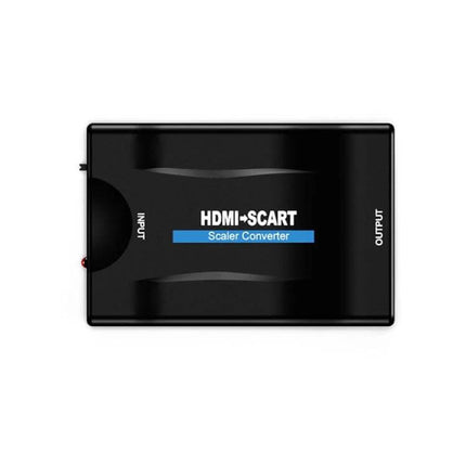 Compact Video Converter for Connecting Devices to TV — black HDMI to SCART scaler converter for smartphones, easy plug-and-play viewing on older TVs