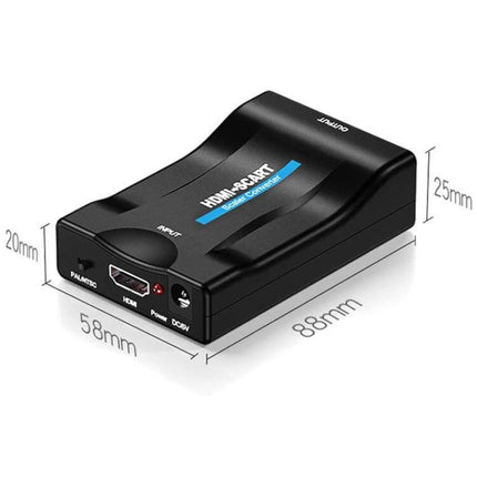 Compact Video Converter for Connecting Devices to TV, black MHL/HDMI-to-SCART adapter showing ports and dimensions for home entertainment